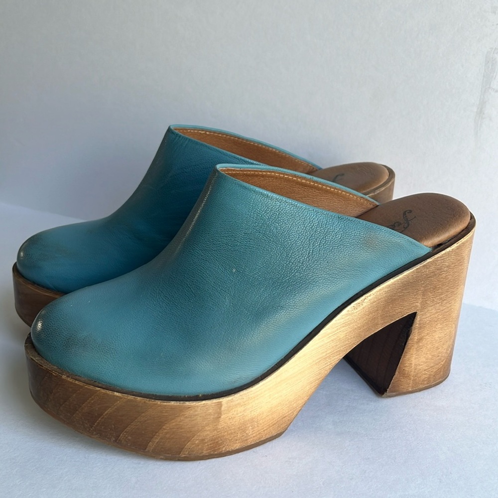 Free People Teal Leather Platforms with Wooden Heel